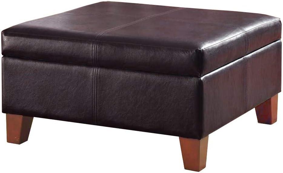 HomePop Faux Leather Square Storage Ottoman with Wood Legs, Distressed Brown