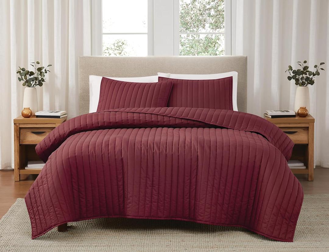 Brooklyn Loom Solid Cotton Percale Burgundy King 3 Piece Quilt Set, Solid Color Themed, Oeko-TEX Certified Confidence