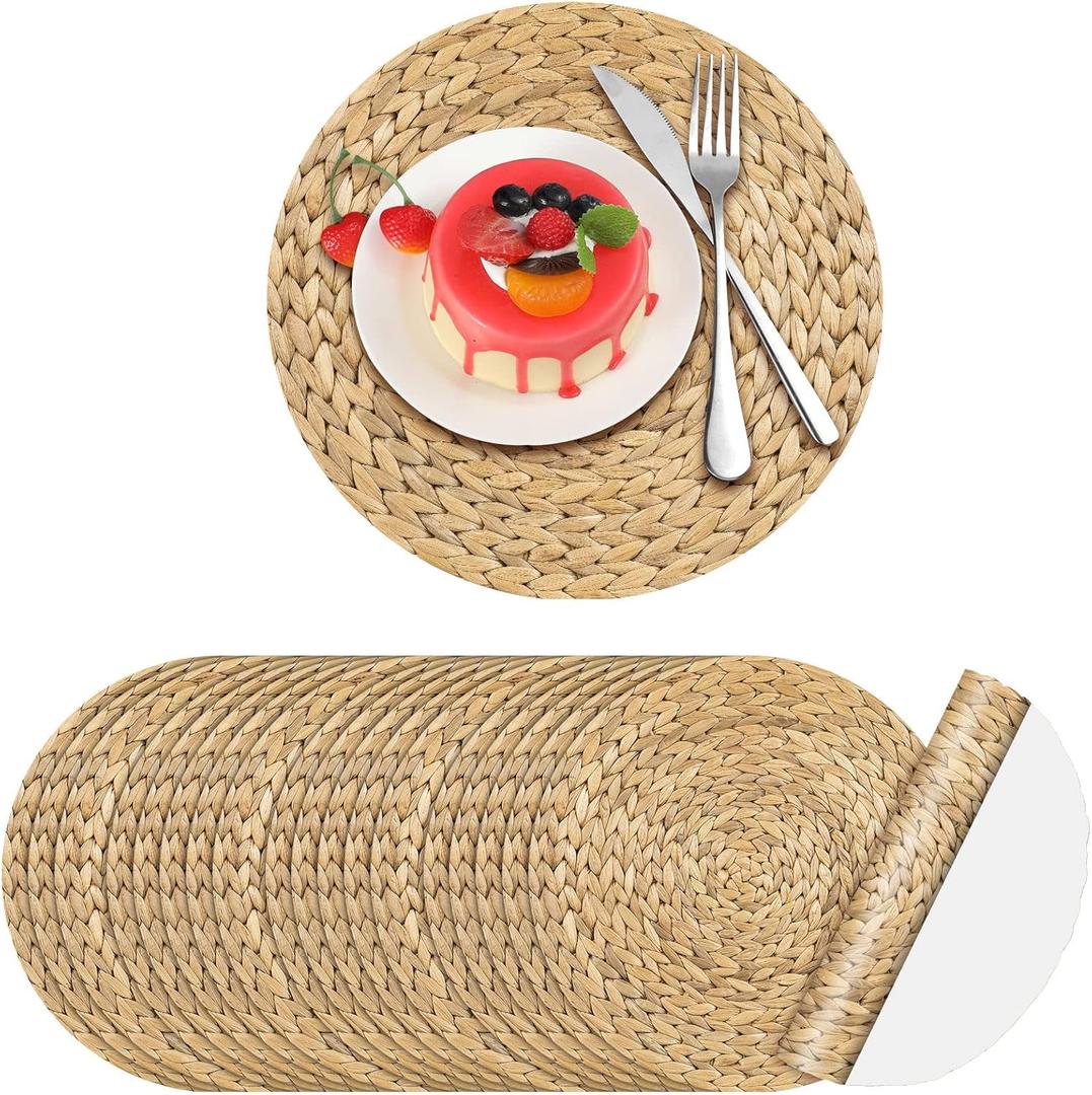 Dandat 100 Pcs Disposable Printed Woven Paper Placemats Bulk 11 Inch Round Wicker Printed Chargers Place Mat Farmhouse Braided Rattan Tablemats for Wedding Dinner Party(Light Brown)