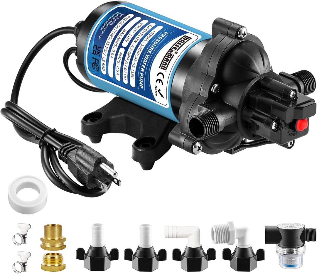 WASSERMANN Water Pressure Booster Pump 115 Volt AC 4.5GPM 55PSI,Water Pump Self Priming Diaphragm Pump with Pressure Switch for Kitchen Bathroom Marine Yacht Garden