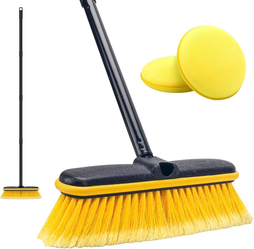 KeFanta Car Wash Brush with Long Handle, 55'' Vehicles Exterior Washing Supplies, Soft Bristle Scrub Broom for Solar Panel, Boat, RV, Truck, Deck Cleaning, 2 Wax Applicator Pads Included (Yellow)