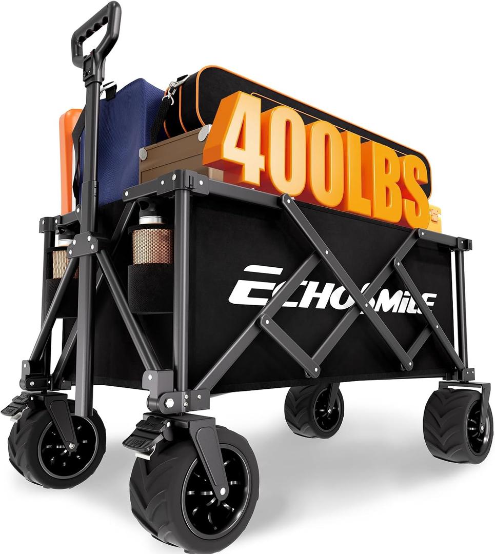 EchoSmile Collapsible Folding Wagon Cart with Compact Storage - 400Lbs Capacity All Terrain Utility Cart for Camping, Beach, Grocery, Garden,Black