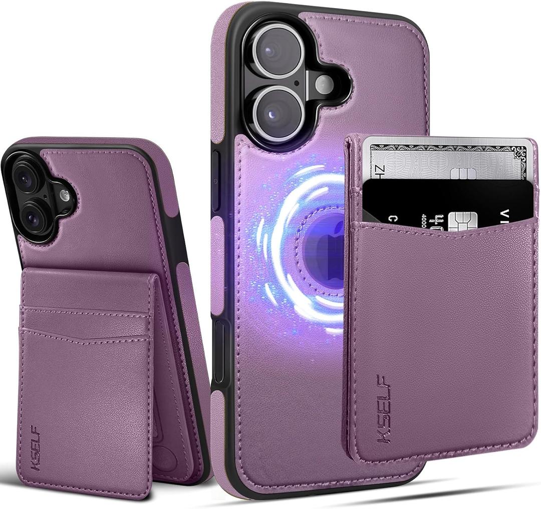 for iPhone 16 Leather Wallet Case, Compatible with Magsafe, 2 in 1 Detachable Magnetic Card Holder, RFID Blocking Kickstand Credit Slots Flip Case for Men Women, Purple