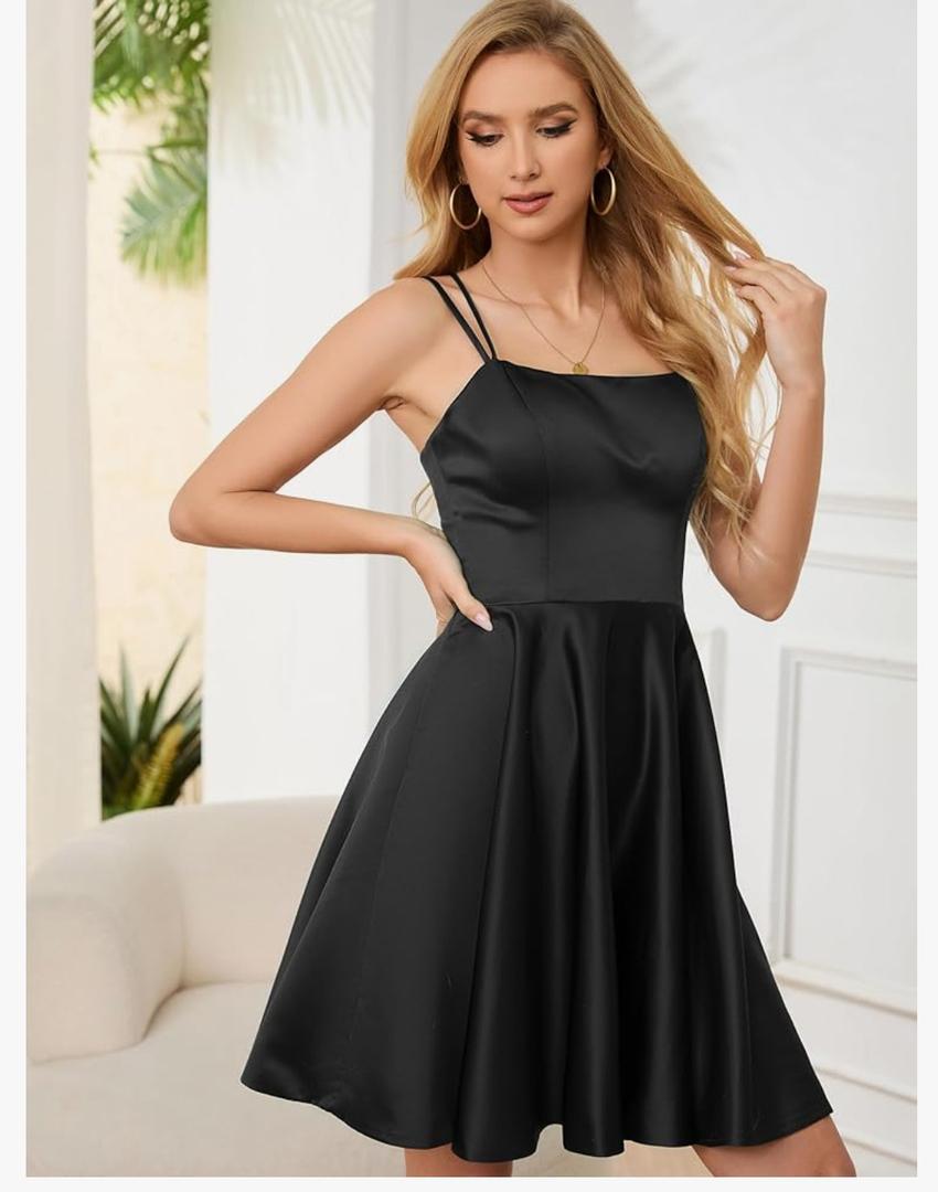 Homecoming Dresses for Teens Knee Length Spaghetti Strap with Pockets Satin Backless Prom Dress, Size 2