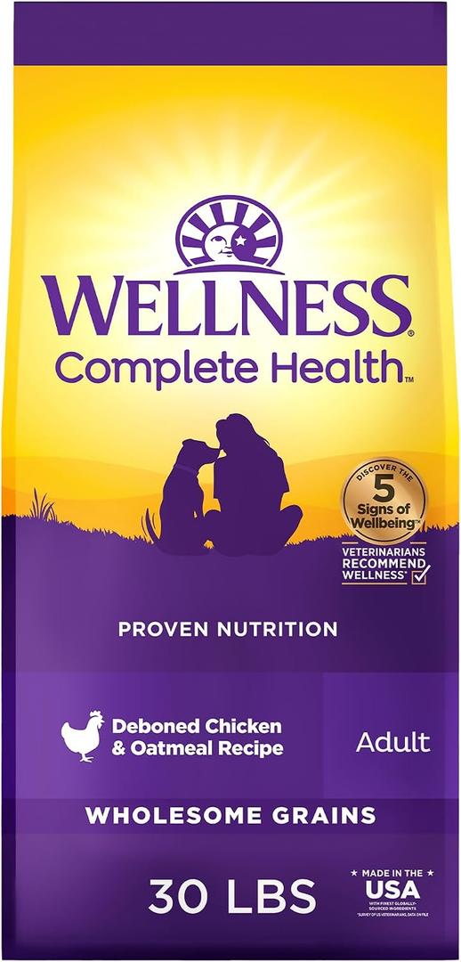 Wellness Complete Health Adult Dry Dog Food, Wholesome Grain Kibble, Natural, Chicken and Oatmeal Recipe, 30 lb Bag
