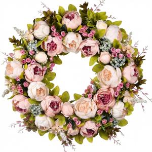 Front Door Wreath, 22 Inch Spring Wreath Handmade Peony Rose Door Summer Wreaths for Outdoor Front Door, Wall and Window Decor (Pink)