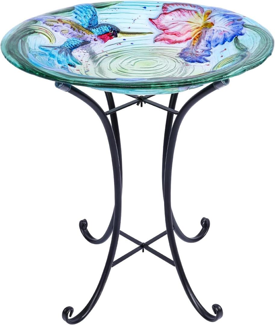 Outdoor Glass Birdbath Hummingbird with Metal Stand for Garden Decor