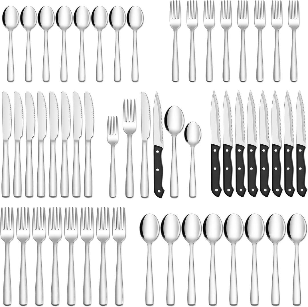 HIWARE 48-Piece Silverware Set with Steak Knives for 8, 18/8 Stainless Steel Flatware Cutlery Set For Home Kitchen Restaurant Hotel, Kitchen Utensils Set, Mirror Polished, Dishwasher Safe (48-Piece, Silver)