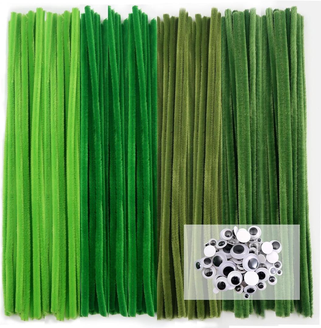 TOAOB 400pcs Pipe Cleaners Crafts Supplies Set Includes Green Series Chenille Stems 6mm x 12 Inch Thick and Wiggle Googly Eyes for Making Crafts Decoration Flowers Animals