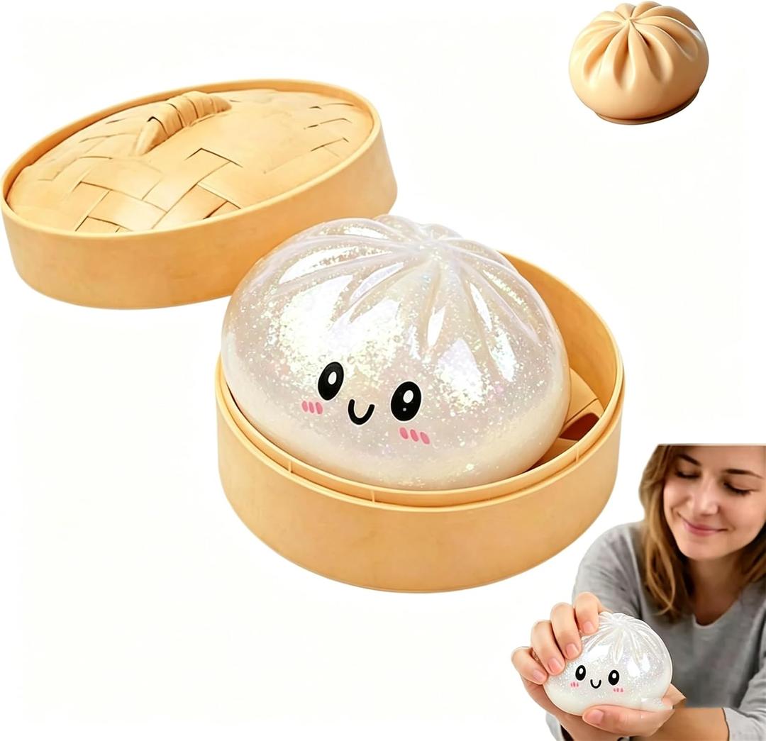 Glitter Dumpling, Glitter Dumpling Squishy with Box, Dumplings Sensory Squeeze Toy for Stress Relief (White)