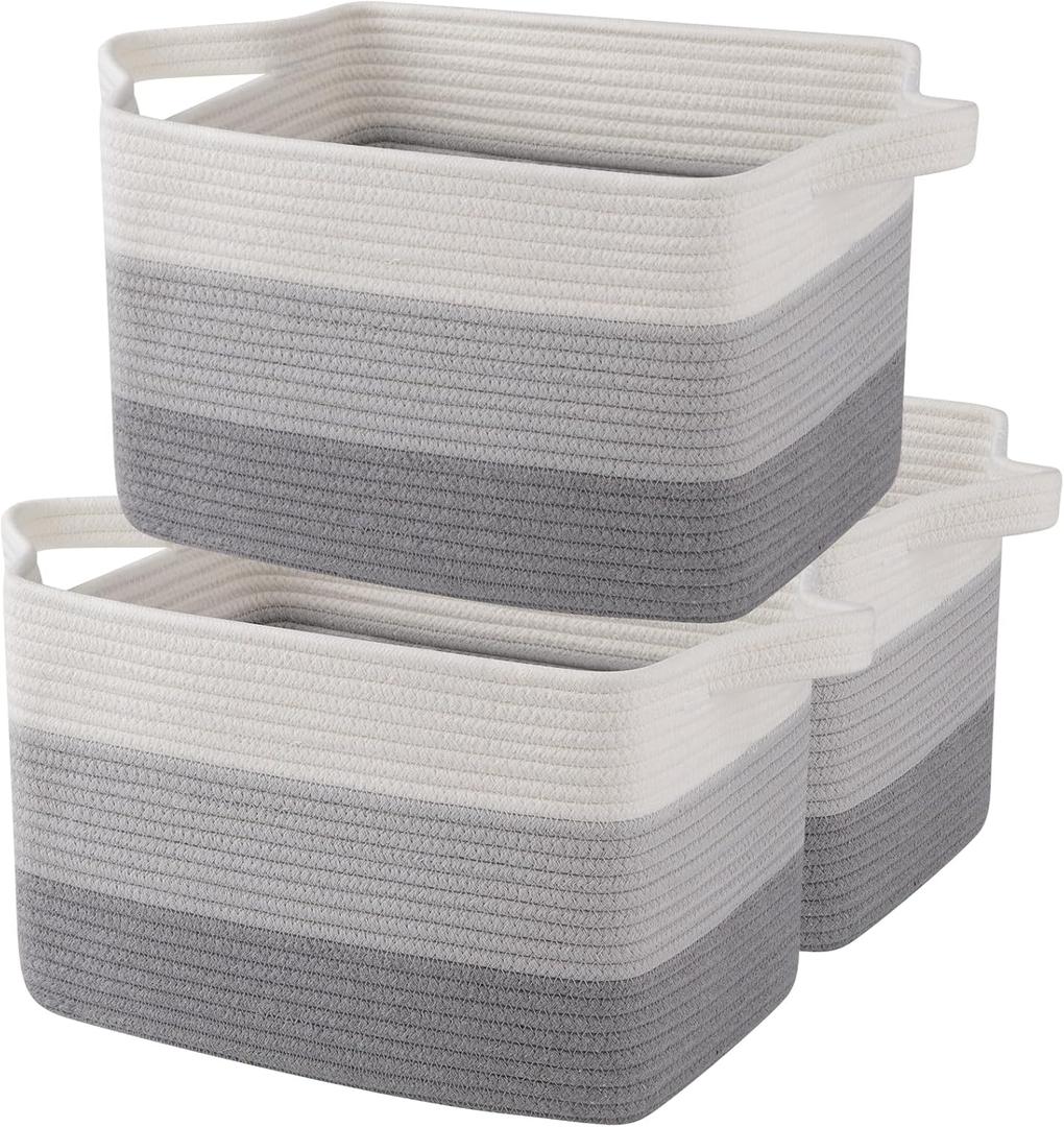 OIAHOMY Storage Basket, Woven Baskets for Storage, Cotton Rope Basket for toys,Towel Baskets for Bathroom - Pack of 3, Gradient Gray (3 pcs-13x9.9x8.7)