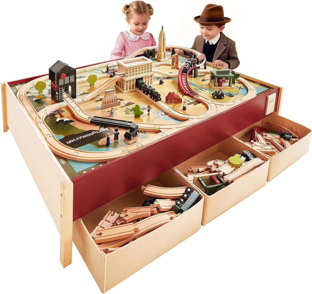 Tiny Land Large Wooden Train Table (47.9x35.2), 104PCS Train Set, 3 Storage Bins, Activity Playset for Kids Ages 3+
