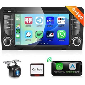 Podofo 8Core 4G 64G Car Stereo for Audi A3 S3 RS3 Radio with Wireless Carplay DSP 32EQ,7 inch IPS Touch Screen Android Auto GPS 5.0Bluetooth WiFi FM/RDS DSP 46EQ 59UIs Radio AHD Backup Camera