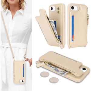 Cavor Compatible with iPhone 16e/17e Case with Card Holder, Wallet Case for Women, for iPhone 16e Phone Case with Strap, Crossbody Lanyard and Wristlet Zipper Pocket-Cream