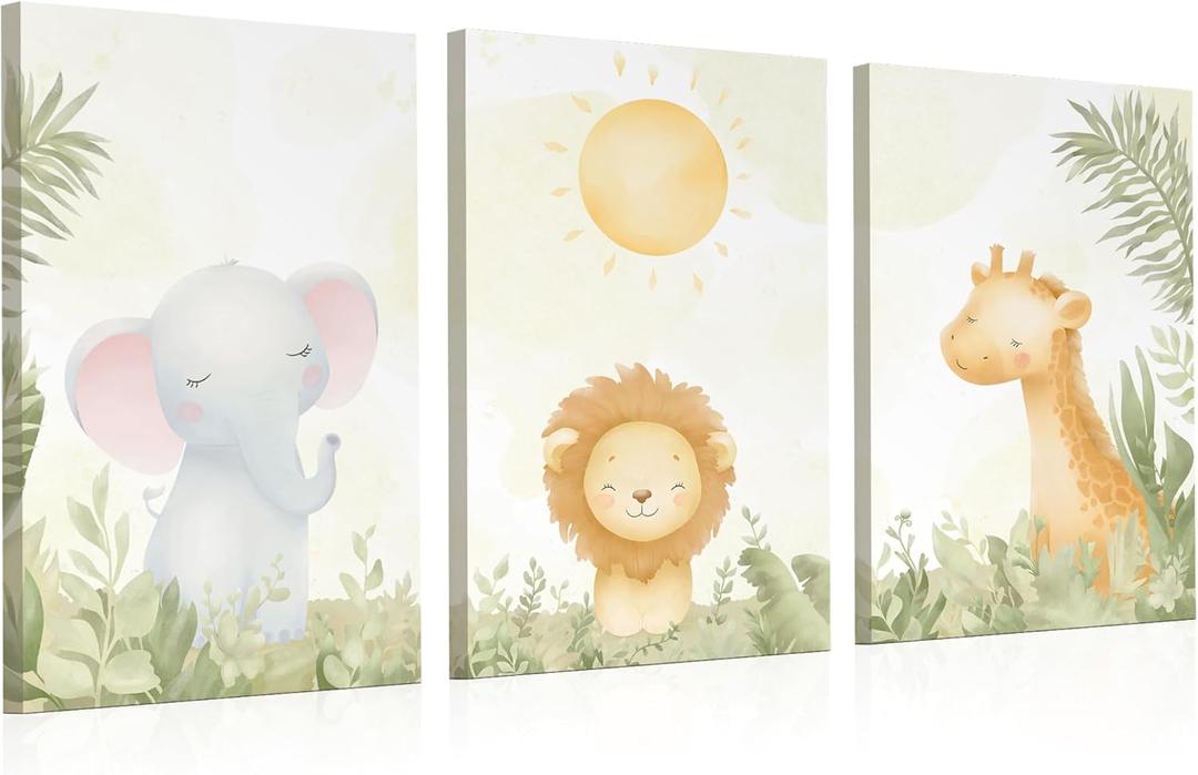 KEMINA BLANKETS Safari Nursery Wall Art Set of 3 1216 Inch Neutral Animal Canvas Prints (Elephant, Lion, Giraffe), Printed from Original Hand-Illustrated Artwork, Ready-to-Hang Baby Room Decor