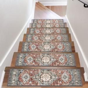 OJIA Stair Treads Non Slip for Wooden Steps Indoor 15PCS Carpet Stair Treads, Rubber Backing Stair Carpet Treads, 8"x30" Staircase Step Treads Edging Stair Rugs for Kids & Pets, Rust Red