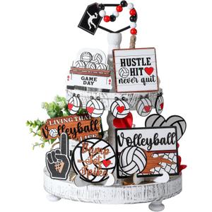 13 Pcs Volleyball Tiered Tray Decor Wooden Volleyball Table Centerpieces Decor Rustic Wooden Sport Game Sign for Fans Theme Party Supplies