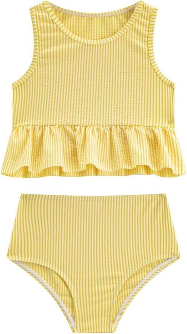 LIZENS Girls Two Piece Swimwear Striped Swimsuit for Kids Girls Swimsuit Tankini Set (5-6 Years, Yellow)