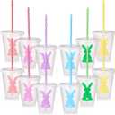 Easter Plastic Cups with Lids and Straws Bunny Rabbit Cups Bulk Reusable Tea Coffee Tumbler for Easter Day Party Drinkware Holiday Supplies (16 oz)