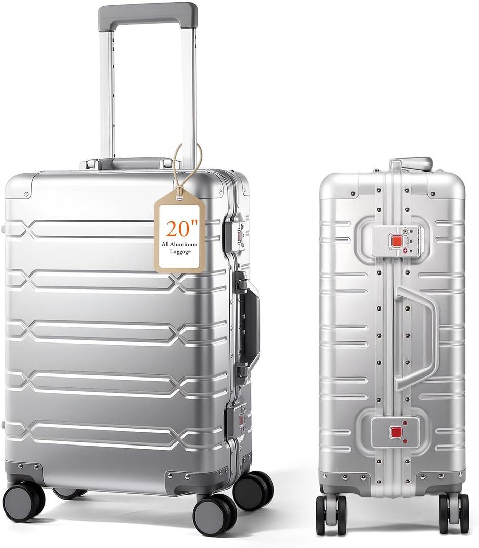 UrbanExplorer All Aluminum Carry On Luggage Hard Shell Suitcases with Spinner Wheels Zipperless Luggage 20 inch Small Carry On Suitcase for Short Trips, Sliver