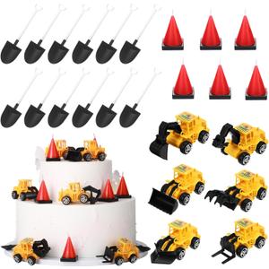 Yerliker 24 Pcs Construction Party Decoration Set Construction Cone Shaped Cake Candles 6 Truck Excavator Cake Toppers 12 Plastic Shovel Shape Spoons for Kids Boy Birthday