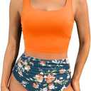 Women Two Piece Tankini Swimsuits - Crop Swim Top with High Waisted Bottom Tummy Control Bathing Suits Swimwear, XL