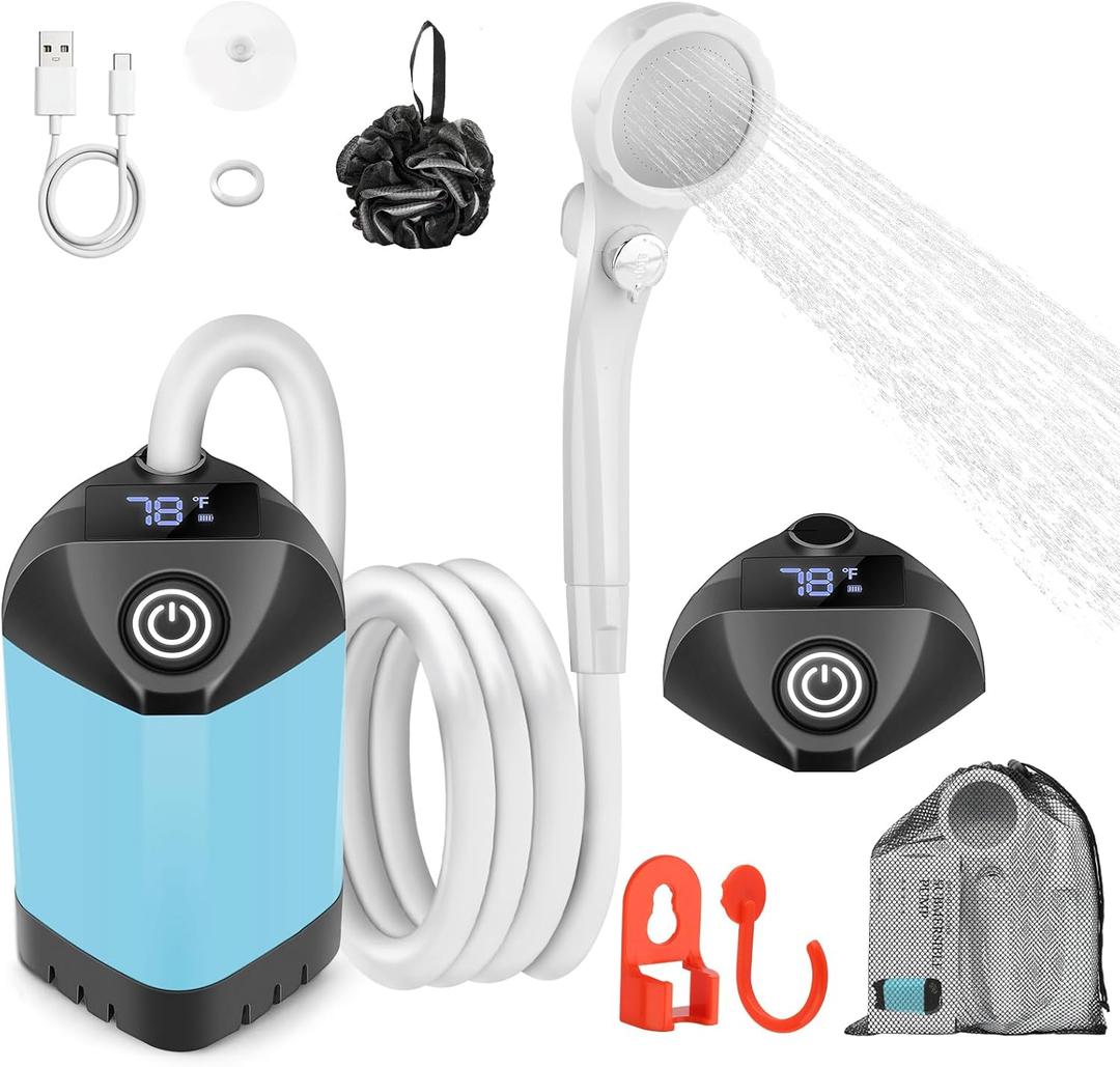 Portable Shower for Camping with 7800mAh Battery, Rechargeable Camping Shower with Intelligent LED Display, 3 Spray Modes, IPX8 Waterproof Outdoor Camp Pump for Hiking, Travel, Car, Pet, usually