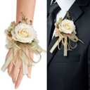Beige Rose Wrist Flower Corsage & Boutonniere Set for Wedding Bride Bridesmaid Groom Groomsmen Parents Suit Lapel Pin Button Hole Flower for Prom Homecoming, Tea Party, Formal Dinner