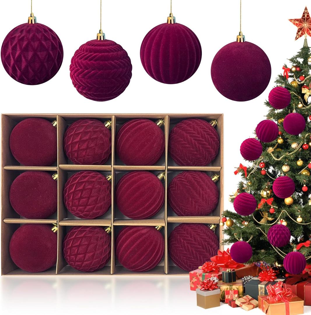 Dark Burgundy Velvet Christmas Ornaments Balls for Christmas Tree Decoration,3.15 inch Deep Red Plastic Balls Xmas Hanging Ornaments Set, Shatterproof Vine Red Flocked Christmas Ornaments for Festive