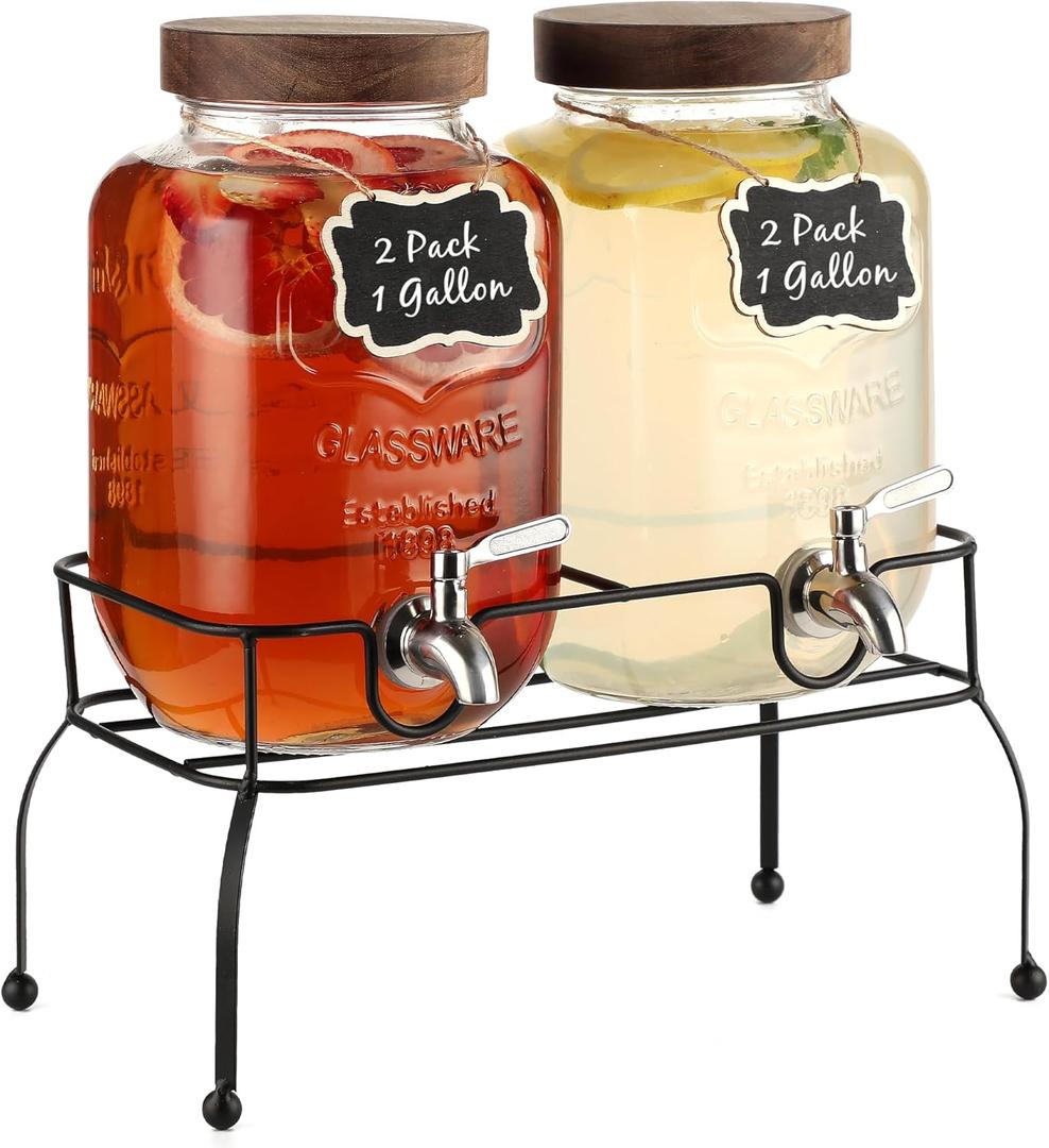 1 Gallon Glass Drink Dispenser 2 Pack - Drink Dispenser with Stand, Juice Dispenser, Drink Dispensers for Parties, Glass Water Dispenser with Stainless Steel Spigot, Lemonade Dispenser