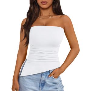 Trendy Queen Womens Summer Going Out Tube Tops Strapless Asymmetrical Bandeau Backless Corset Cute Teen Girls Y2k Shirts (Size Medium, White)