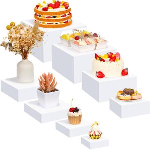 Geelin 8 Pack Acrylic Cube Risers Acrylic Boxes for Food Display Decorative Stands with Hollow Bottoms for Jewelry Food Buffet Risers Display Candy Table Decor, 8 Sizes(White)