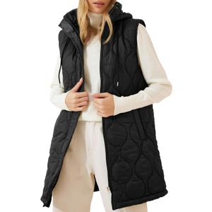 EVALESS Long Puffer Vest Women Sleeveless Hooded Puffer Jacket Lightweight Quilted Jackets Winter Warm Zip Up Coat Outerwear (Medium, Black)
