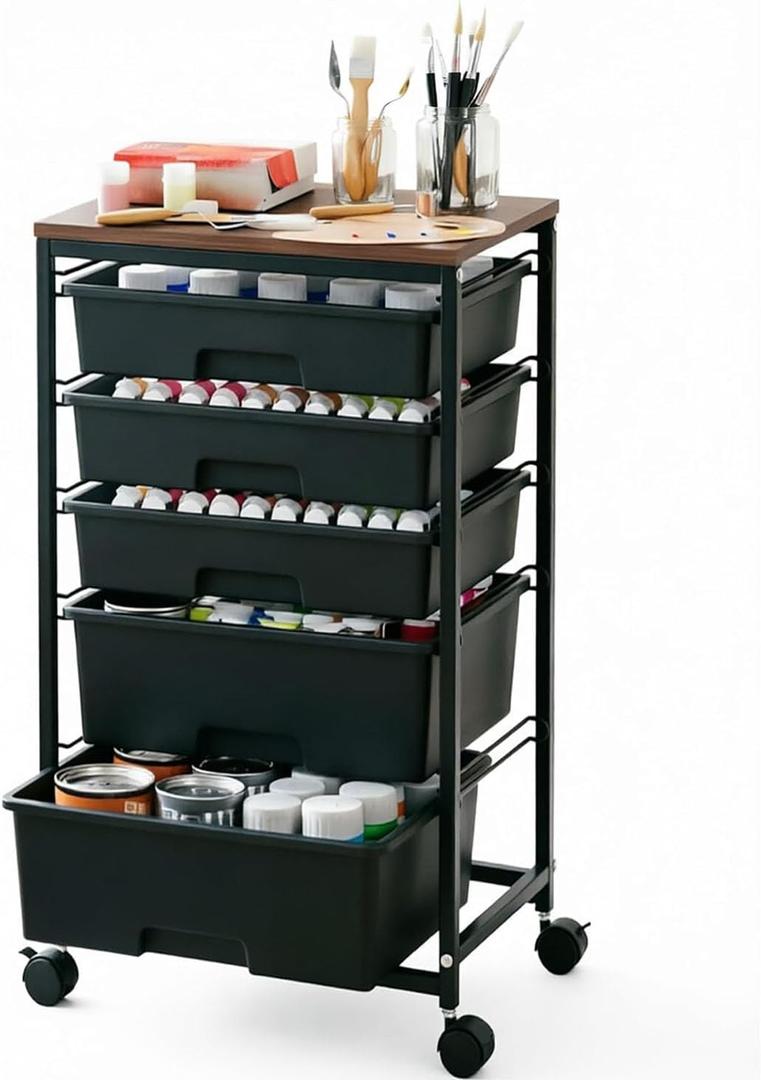 SYKIARIOL 5-Tier Rolling Utility Storage Drawer Craft Cart on Wheels with Wooden Tabletop, Mobile Craft Storage Drawer Cart Trolley for Home Office, Classroom, Craft Room & Kid Room, Black