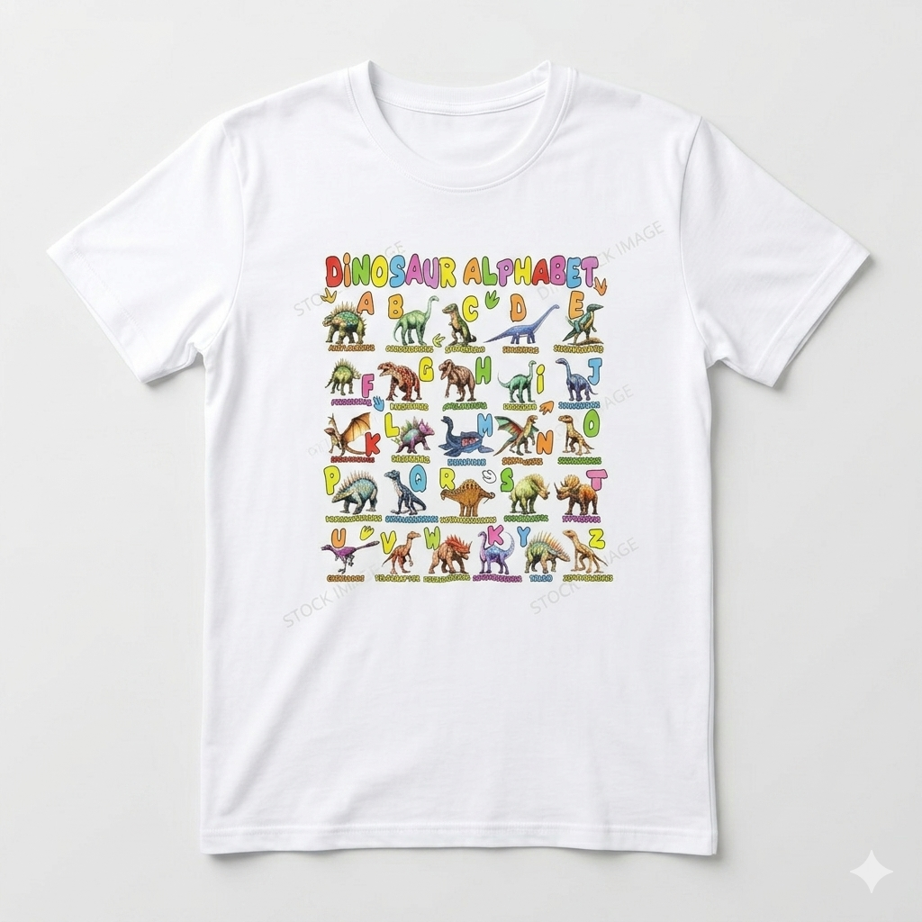 Types of Dinosaurs Alphabet A-Z ABC Dino Boys Kids Girls T-Shirt (Small, White)