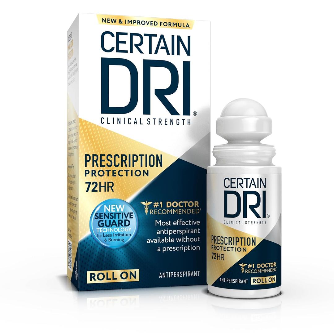 Certain Dri Prescription Strength Clinical Antiperspirant Roll-On for Hyperhidrosis - 72-Hour Sweat Protection - Fragrance-Free - Doctor-Recommended for Men & Women - 1.2 fl oz (Pack of 1)