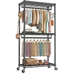 OLIXIS Rolling Clothes Rack, Heavy Duty Garment Rack, 35 IN, Metal Black | Adjustable Closet Organizer for Hanging Clothes, Portable Closet with 2 Side Hooks