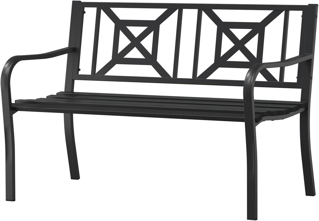 On Shine Patio Garden Bench,Outdoor Park Bench with Powder Coated Steel Frame, Elegant Loveseat with Square Pattern Backrest & Ergonomic Armrest for Outdoor Garden, Backyard, Lawn, Porch, 50.78 inches x 20.47 inches x 32.28 inches