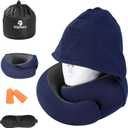 Vzpeun Travel Pillow - Hooded Neck Pillow Airplane Memory Foam Filling for Plane, Office, Cars Sleeping, Road Trip, Long Flights, Portable Plane Accessories, Includes Eye Mask & Earplugs (Navy)