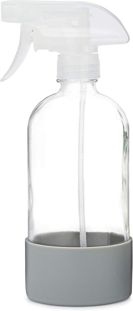 Rail19 Refillable Clear Glass Cleaning Spray Bottle with Silicone Sleeve, 16oz (Clear Trigger/Grey Sleeve)