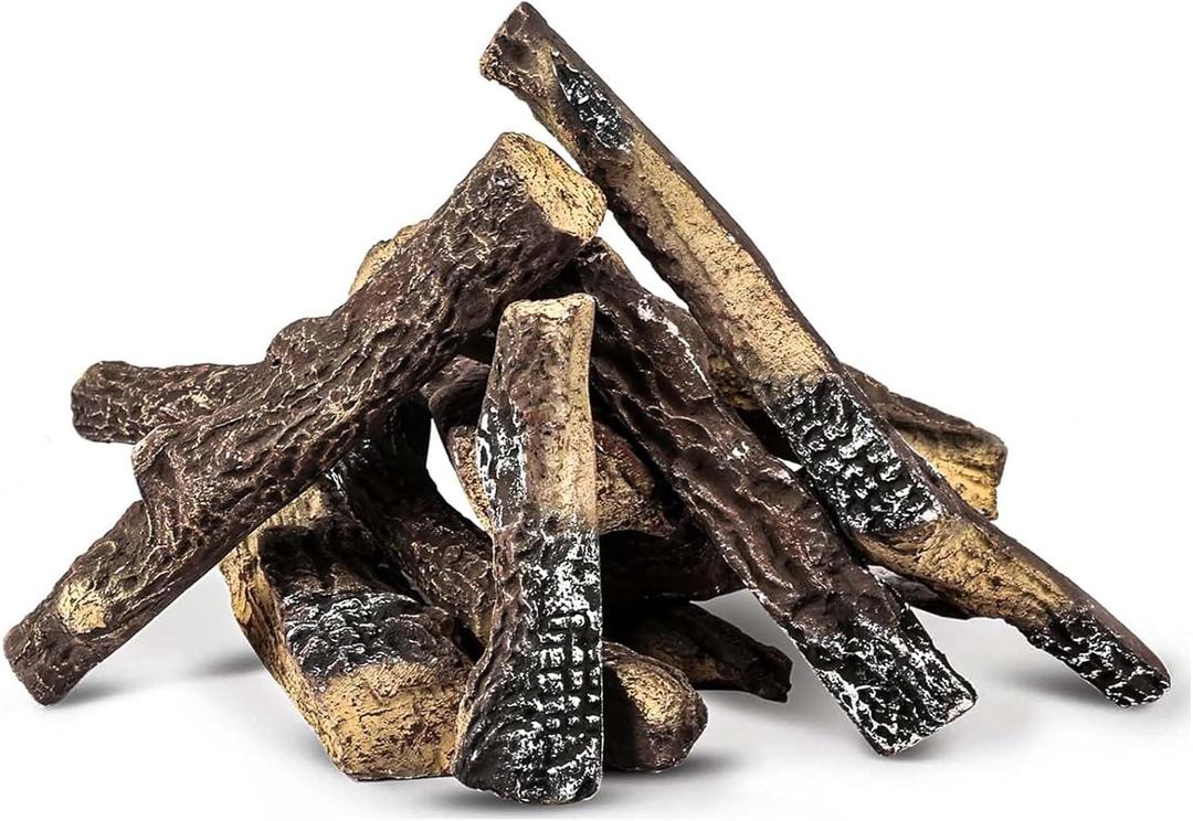 Hisencn Gas Fireplace Logs, 10 Piece Ceramic Wood Log Set for Indoor Outdoor Fireplaces, Vented, Propane, Gas Inserts, Vent-Free, Gel, Ethanol, Electric, Fire Pits Decoration(Large)