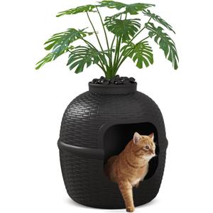 Hidden Litter Box with Faux Plant, Large Cat Litter Box with Rattan Pattern, Heavy Duty PP Material Litter Box Enclosure Furniture for Home Decor, Black