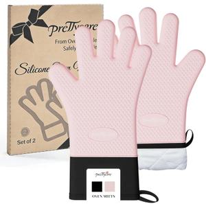 PrettyCare Extra Long Silicone Oven Mitts – Heat Resistant Oven Gloves with Fingers, Waterproof & Non-Slip Kitchen Mitts for BBQ Baking Cooking, Cotton Lined Silicone Oven Gloves for Women – (Pink), 37L x 23W Centimetres