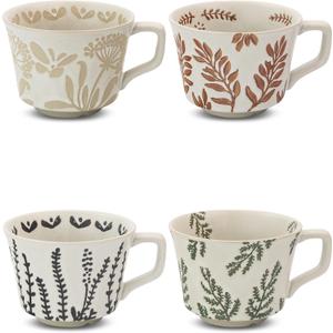 Ceramic Coffee Mug, 12 oz Novelty Unique Teacup with Large Handle, Stoneware Cup for Tea Mocha Latte Cappuccino Espresso (Set of 4, Butterfly Grass Ivy and Leaf) (one missing )