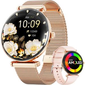 Smart Watches for Women Men[Calls/2 Bands/Metal Thin Body] for Android iPhone Samsung Compatible,1.43" Micro-Spherical AMOLED Screen,IP68 Waterproof Sports Watch (Gold)
