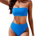 Women's High Waisted Bikini Swimsuit Two Piece Strapless Bandeau Cheeky Bathing Suits (X-Large, Blue)