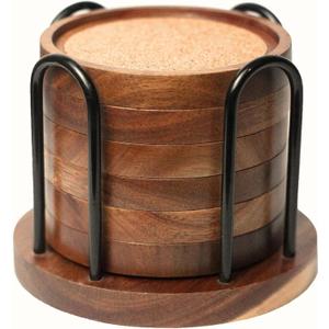Wood Coasters for Drinks with Metal Holder, Wooden Coaster with Cork for Tabletop Protection, Drink Coasters for Coffee Table, 4.13 Inch, Set of 6 (Modern Coasters with Metal Holder)