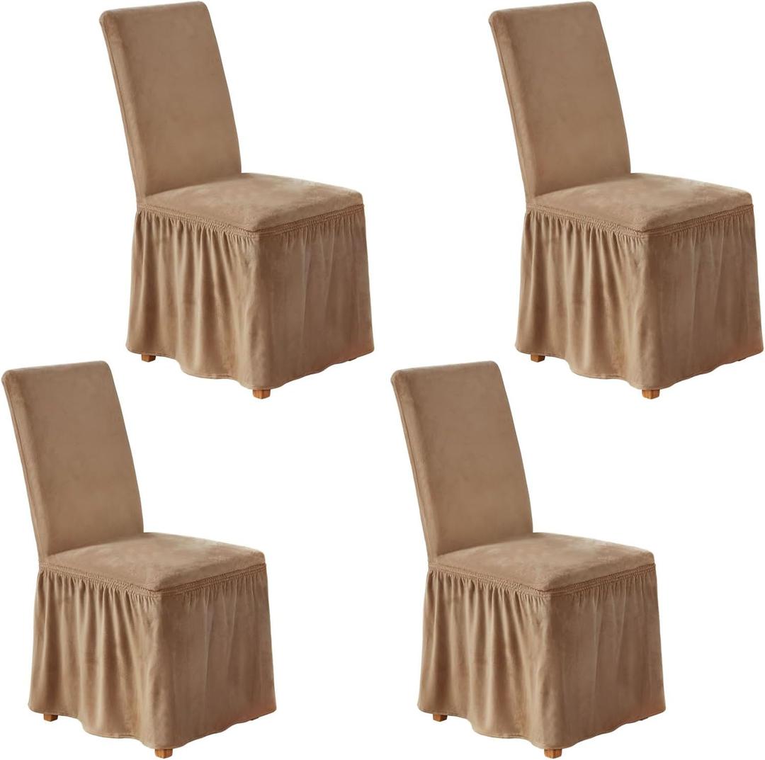 NICEEC Spandex Chair Covers for Dining Chairs Covers Set of 4 Removable Dining Room Chair Covers with Skirt Parson Chair Slipcovers Washable Chair Protector for Kitchen Wedding Party Banquet(Coffee)