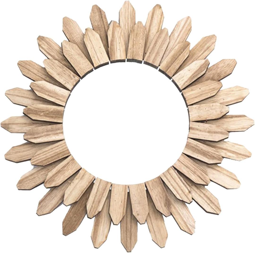 Sunburst Boho Mounted Mirror, Rustic Round Wood Mirror, Wooden Frame, 50cm, Living Room Mirror