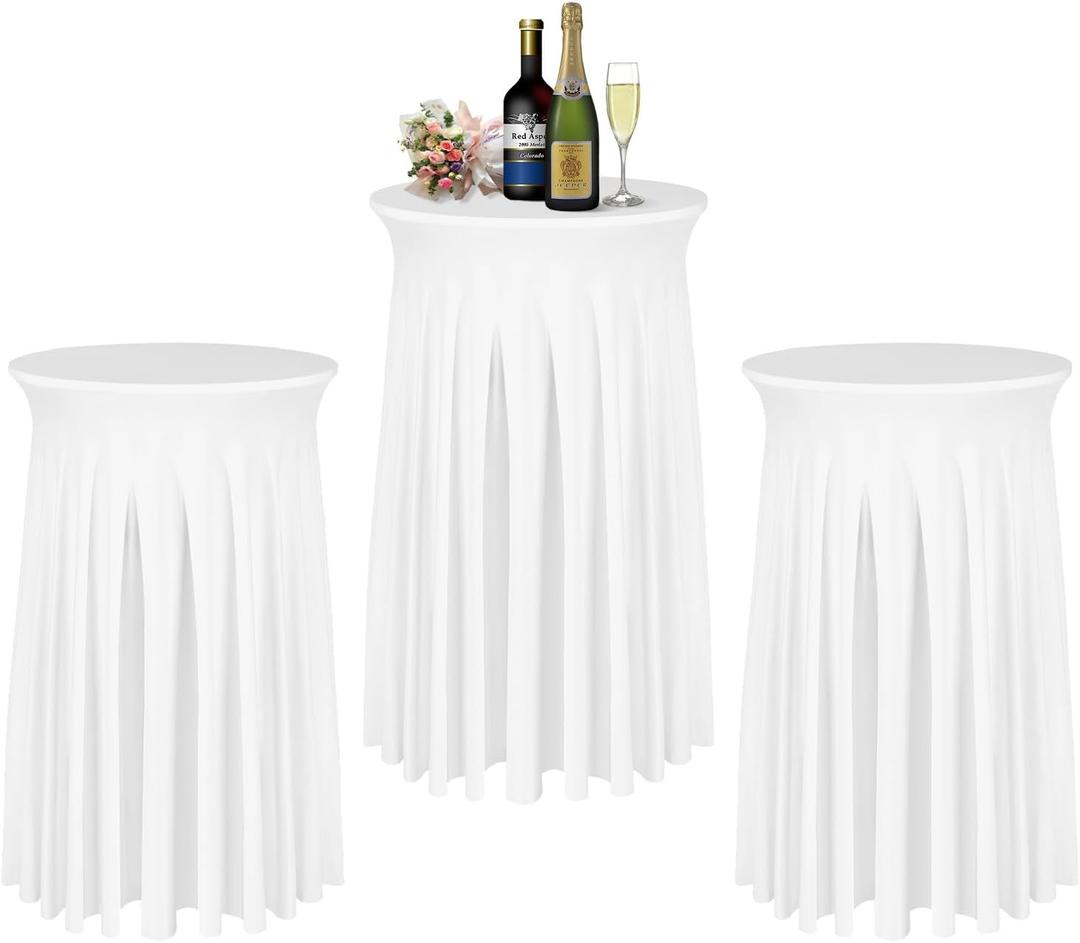 BDDC Cocktail Table Covers - 3 Pack 32"x 43" White Cocktail Table Tablecloth with Natural Wavy Round Skirt for Bar Wedding Party Banquet